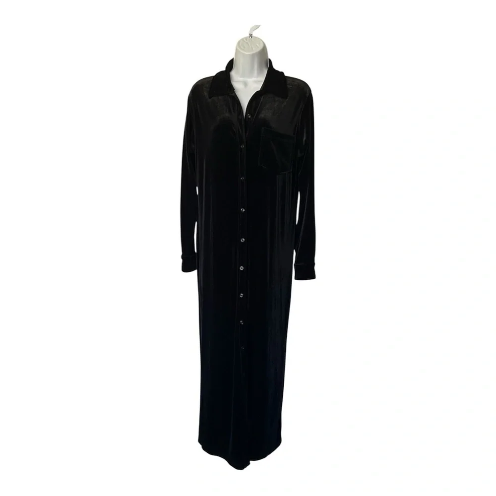 Ralph Lauren Vintage Black Velvet Maxi Shirt Dress Minimalist Quiet Luxury Small - Picture 2 of 7